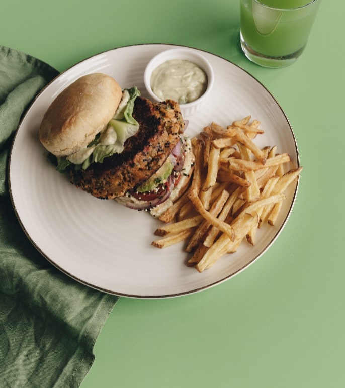Sustainable proteins 3 Plate of food with a burger and fries