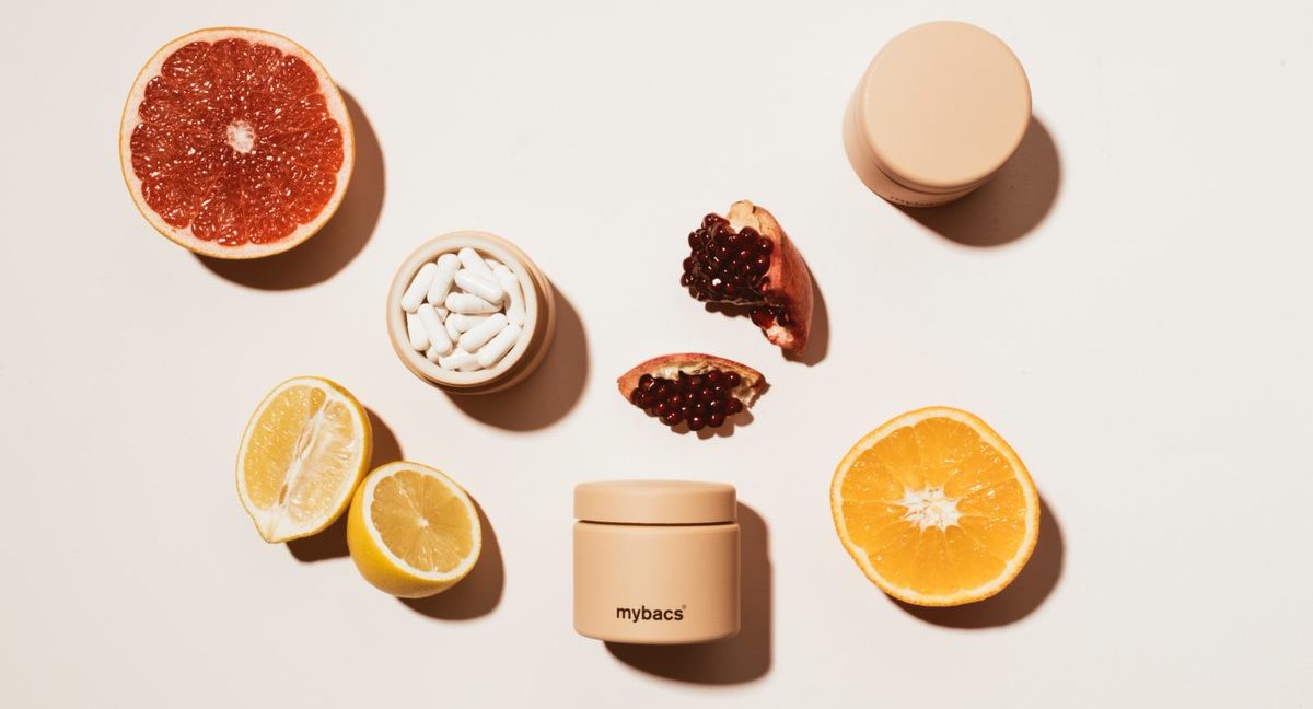 Mybacs product, Dailybacs, surrounded by fresh fruits